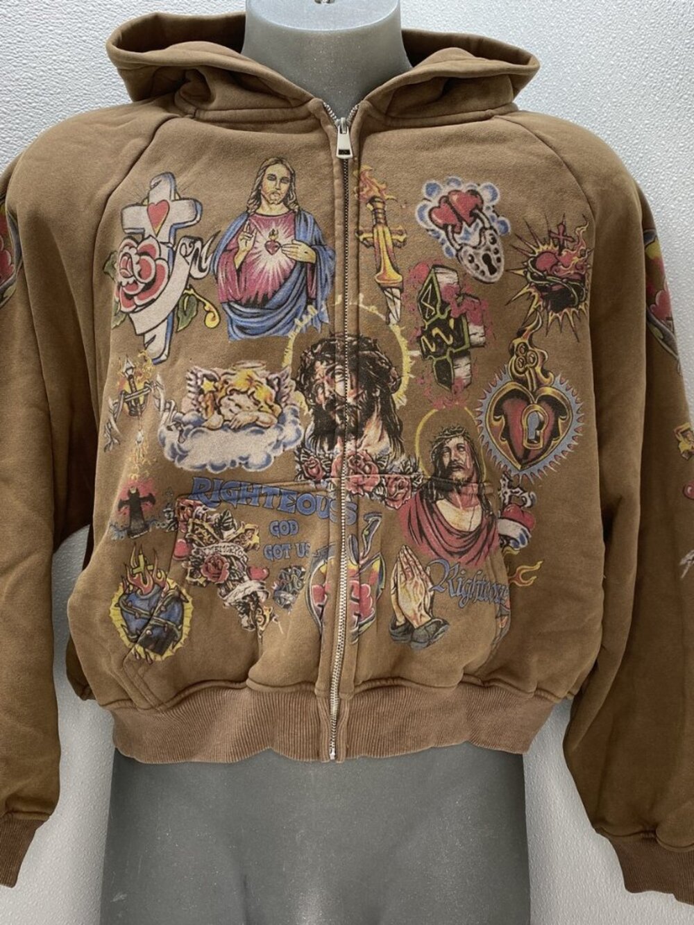 Righteous Unisex Hoodie Brown/Multi Size M Risen King Cropped Full Zip Up